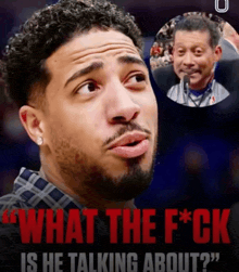 a man with curly hair and a beard is talking to another man