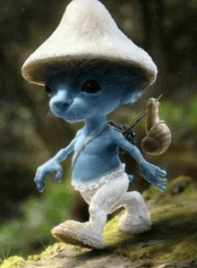 a smurf with a mushroom hat and a snail on its back