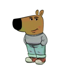 a cartoon drawing of a dog wearing a sweater and jeans