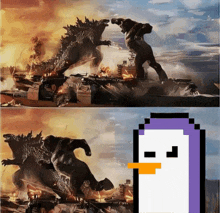 a painting of a monster fighting another monster and a pixel art of a penguin with a yellow beak