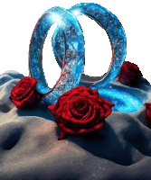 a couple of rings sitting on top of a pile of red roses