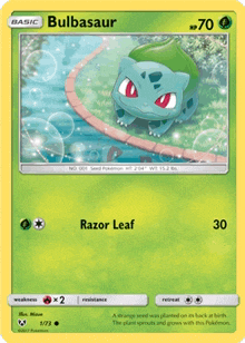 a bulbasaur pokemon card with a razor leaf ability