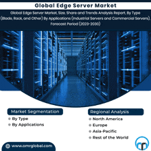 an advertisement for the global edge server market shows a row of servers