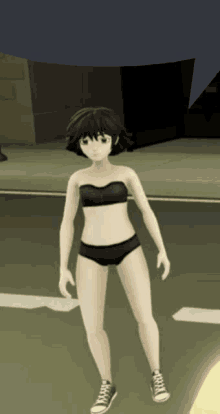 a cartoon girl in a black bikini and white sneakers