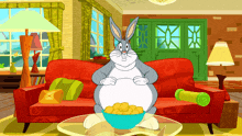 a cartoon of bugs bunny sitting on a couch with a bowl of popcorn in front of him