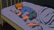 a cartoon drawing of a person sleeping on a bed