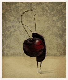 a cartoon drawing of a cherry with a bug on it