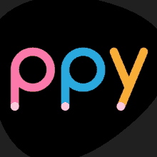 the word ppy is written in pink blue and yellow