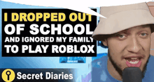 a man wearing a hat is talking into a microphone with the words " i dropped out of school and ignored my family "