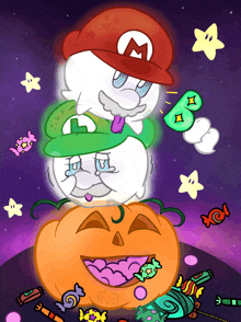 a cartoon of mario and luigi standing on top of a pumpkin with candy around them