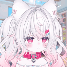 a girl with white hair and pink eyes is wearing a pink collar