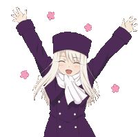 a girl in a purple coat with her arms outstretched