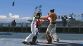 a man and a woman are fighting in a video game while a fish flies in the background
