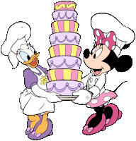 daisy duck and minnie mouse are holding a stack of cakes