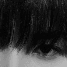 a black and white photo of a person 's eye with a fringe .