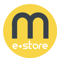 a yellow circle with a black letter m and the word e store