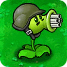 a cartoon plant wearing a helmet and holding a cannon in its mouth .