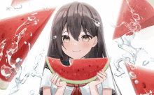 a girl in a school uniform is holding a slice of watermelon in front of her face