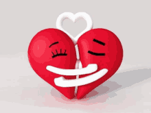 two red hearts with faces on them are hugging each other with a white heart in the middle