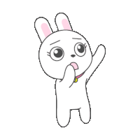 a cartoon rabbit with a pink collar and a surprised look on his face