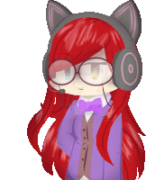 a drawing of a girl with red hair wearing headphones and a bow tie