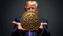 a man in a suit and tie is holding a gold coin with a star on it