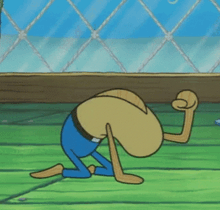 a cartoon character from spongebob squarepants is kneeling on the floor