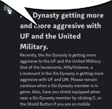 a speech bubble with the words dynasty getting more and more aggressive with uf and the united military on it