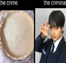 a pie with paw prints on it next to a picture of a boy in a suit and tie