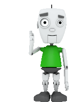 a cartoon robot with a green shirt is waving