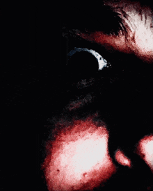 a close up of a person 's face with a black background