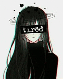 a girl with long black hair is wearing a black sweater and has a sticker on her face that says tired .