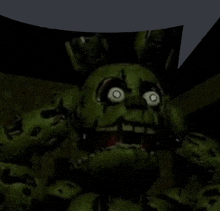 springtrap from five nights at freddy 's is standing in a dark room with his eyes glowing .