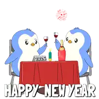 two penguins sit at a table with a sign that says 2026 on it
