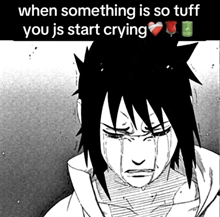 a black and white drawing of a person crying with the words " when something is so tuff you js start crying "