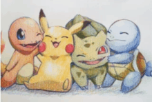 a drawing of a group of pokemon including pikachu and squirtle