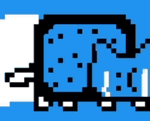 a pixel art drawing of a blue elephant with the letter t on its head