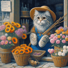 a painting of a cat wearing a straw hat and overalls selling flowers