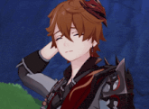 a cartoon character has his eyes closed and his hand on his face