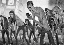 a group of zombies are looking at their phones in front of a samsung store