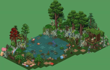 a pixel art of a pond with flamingos in it