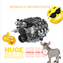 an ad for rodballs motor engines with a donkey