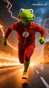 kermit the frog is dressed as the flash and running down the street