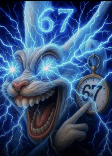 a painting of a rabbit with lightning and the number 67