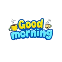 a blue and yellow logo that says good morning with two cups of coffee