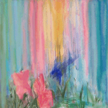 a painting of pink flowers against a blue and pink background