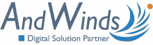 a blue and white logo for and winds a digital solution partner