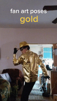 a man in a gold jacket and hat poses for a fan art pose gold