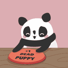 a panda bear is pressing a red button that says +1 dead puppy