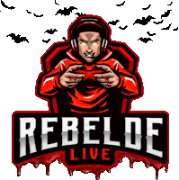 a logo for rebelde live with a man holding a game controller